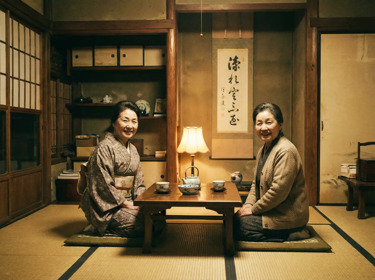 两位优雅的 优德w88体育平台 在日式茶室中品茶交谈